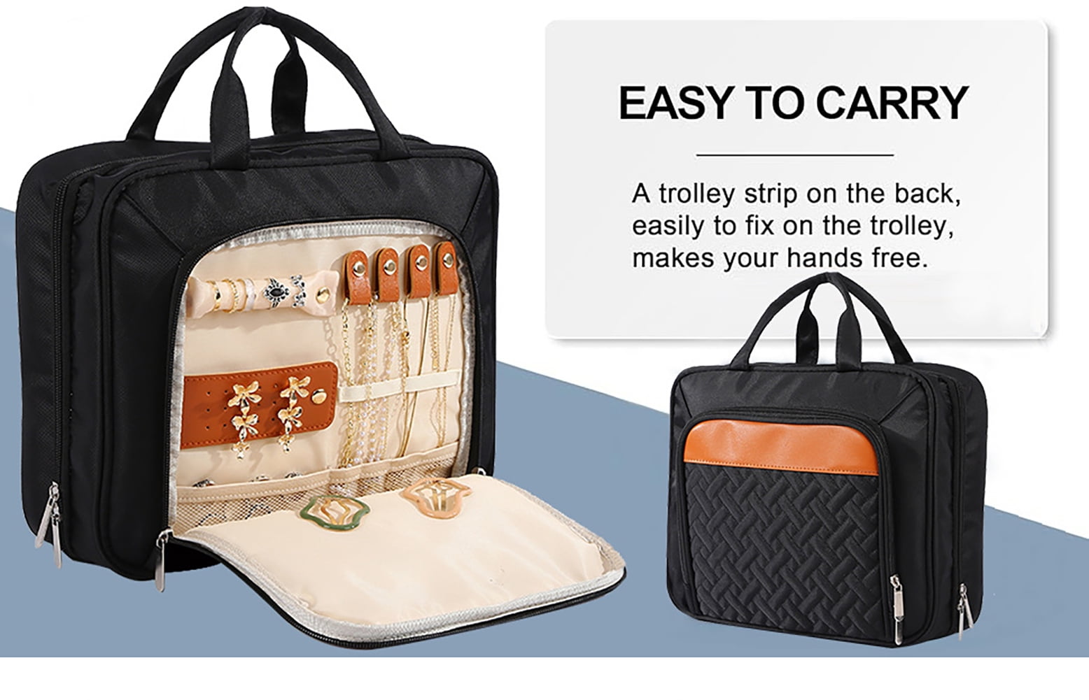 Travel Hanging Toiletry Bag, Jewelry Organizer with Dry Wet Separation, Large Capacity Cosmetic Bag with Trolley Strap, Foldable Hanging Design for Travel & Home