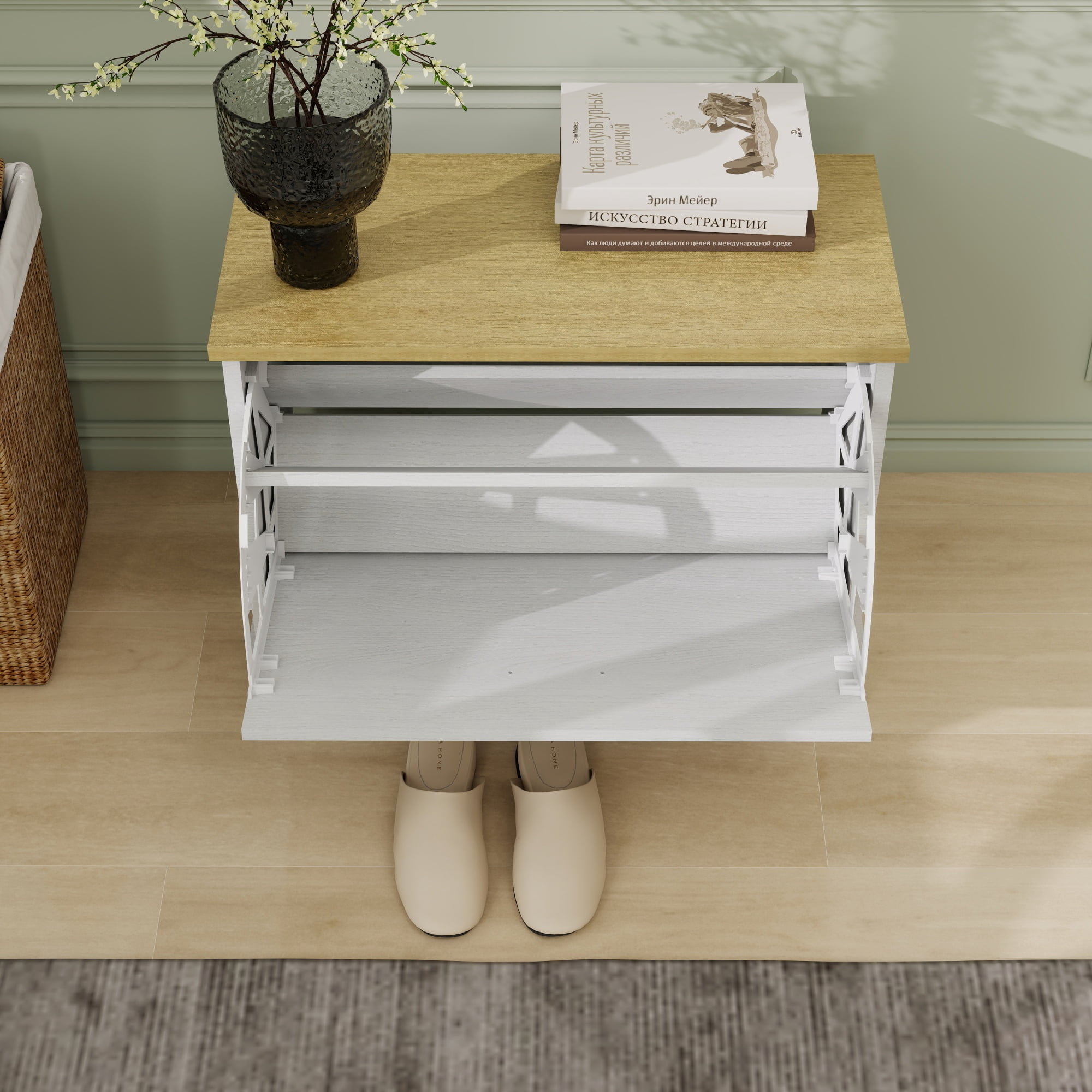Leumius Shoe Storage Bench with 1 Flip Drawer & Adjustable Shelf,Small Shoe Cabinet for Entryway,Hallway,Bedroom,Antique White