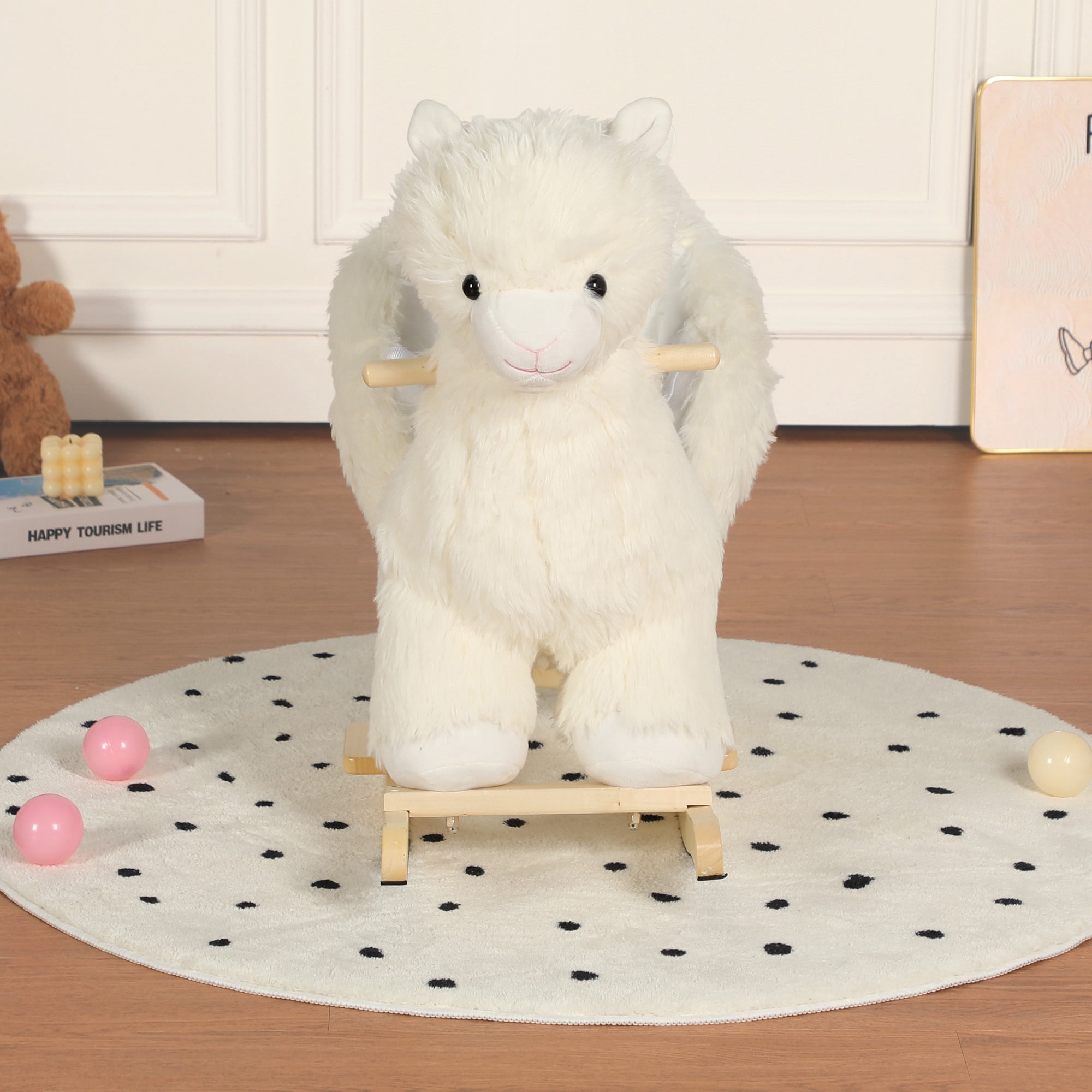 Alvantor Kids Rocking Horse, Plush Ride-On Toy with Music & Wooden Base, Alpaca Toddler Rocker for 1-5 Years White