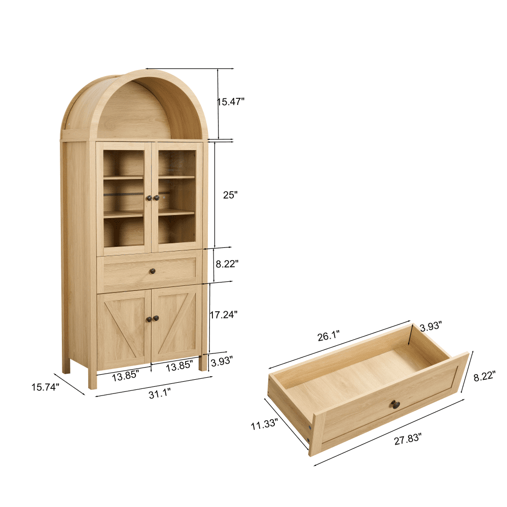 71.6" Tall Arched Pantry Cabinet with Spacious Drawer & Adjustable Shelves, Farmhouse Style Kitchen Storage for Dining Room & Living Space, Natural Finish, Anti-Tip Design