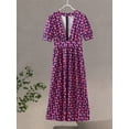 thumbnail image 3 of Vestido largo con estampado para mujer, traje holgado con manga abullonada y cuello en V profundo, con bolsillo drapeado, a la moda, novedad de verano 2024, 3 of 5