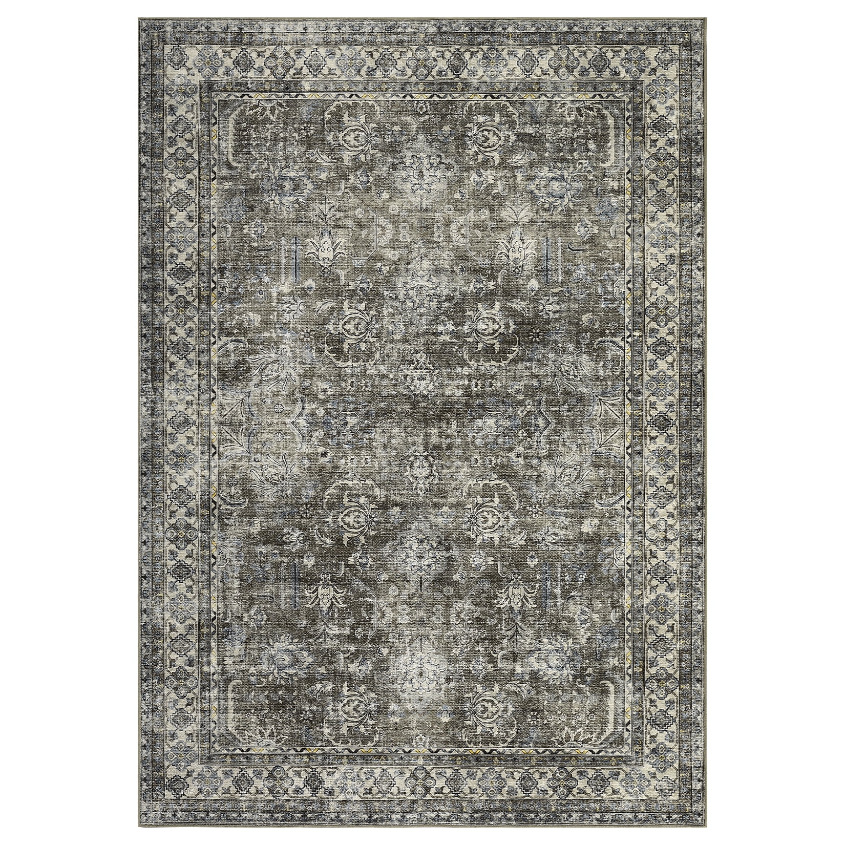 Garvee 5'x7' Washable Boho Area Rug Retro Floral Distressed Rug Low Pile Stain-Resistant Non-Slip Floor Cover Home Floor Decor, Brown Green
