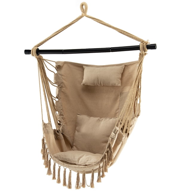 Gymax Hammock Chair w/ Soft Pillow Cushions Pocket Hanging Rope Swing Steel Bar Beige