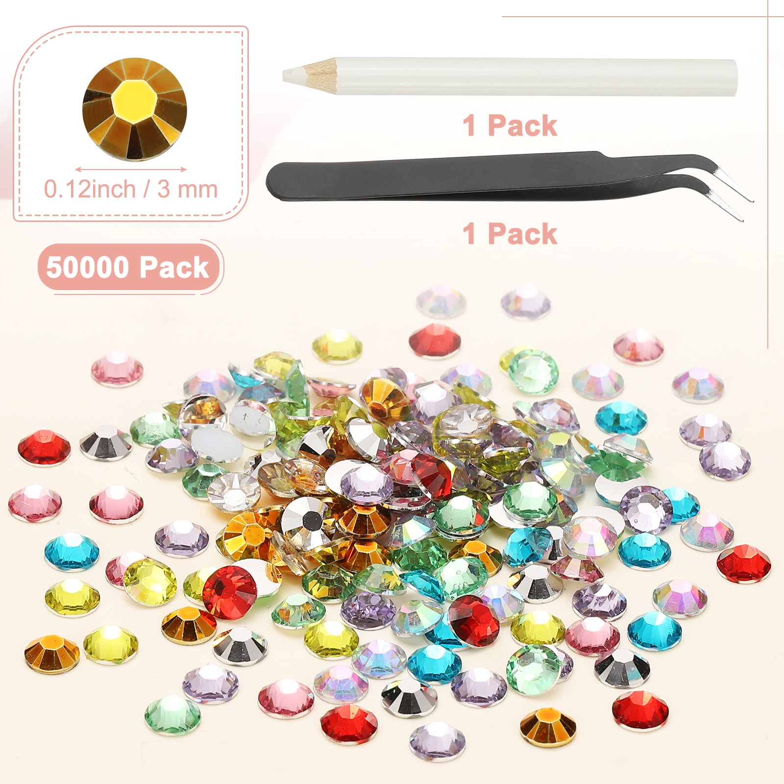 1-Set Resin Flatback Rhinestone, 3mm Flat Back Rhinestones Crystals Bulk for Crafts/Clothes/Nail Decoration, 50000 Pack with 1 Wax Pen and 1 Tweezer [Gold Tone]