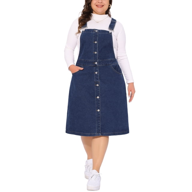 Vestido de mezclilla de talla grande Agnes Orinda para mujeres, con botones frontales, tirantes ajustables y falda tipo suspensorio 4X azul oscuro
