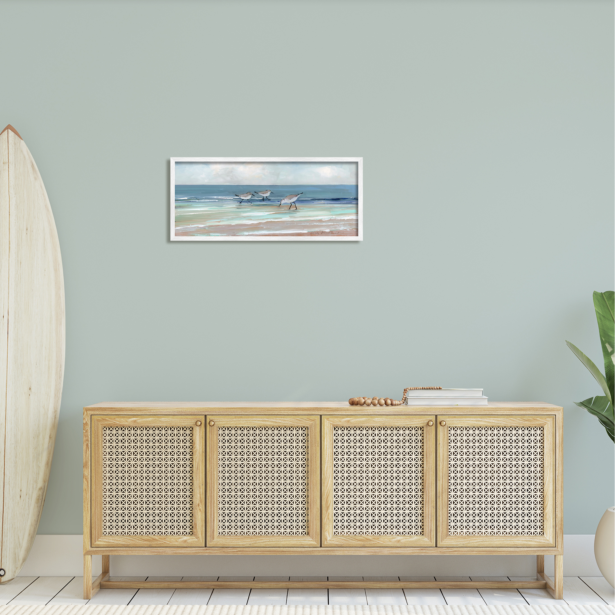 Stupell Industries Panoramic Sandpipers Birds Shoreline Ocean Landscape Painting , 30 x 13, Design by Sally Swatland