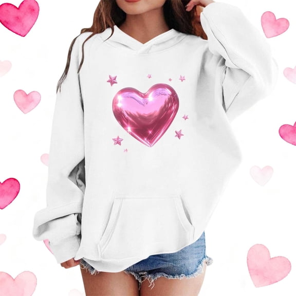 Girls Heart Graphic Hoodie White, Kids Valentine Pullover Sweatshirt Soft Stretchy with Metallic Print 3-14 Years,Size 3-4 T