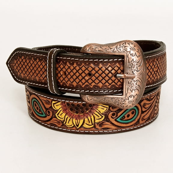 BE BAR H EQUINE Sunflower Floral Hand Painted Western Leather Men And Women Belt Brown