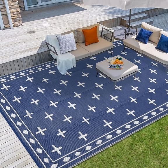 Large 9x18 Outdoor Area Rug, Waterproof Plastic Straw Mat with Framed Geometric Design for RV Awning, Patio, Deck, Garden, Camping, Beach and Backyard,Dark Blue