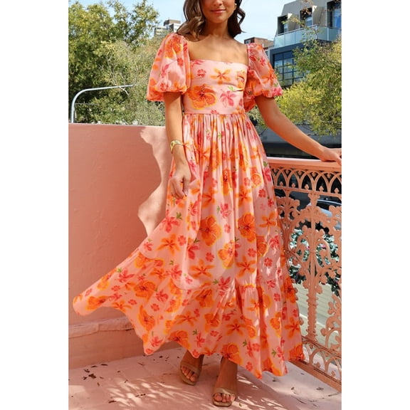 Women's Summer New Puff Sleeve Square Neck Printed A-line High Waist Dress