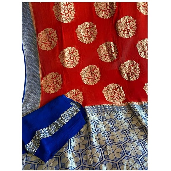 Singaara Women's Cocktail Partywear Red and Blue Banarasi Georgette Silk Saree