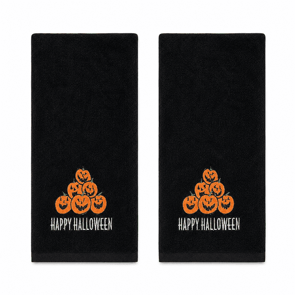 Serafina Home Decorative Halloween Hand Towels: Black Plush Velour Cotton Embroidered Jack 'O Lantern Pumpkin Pile Design, 2 Piece Set, 25" x 16" Inch Each