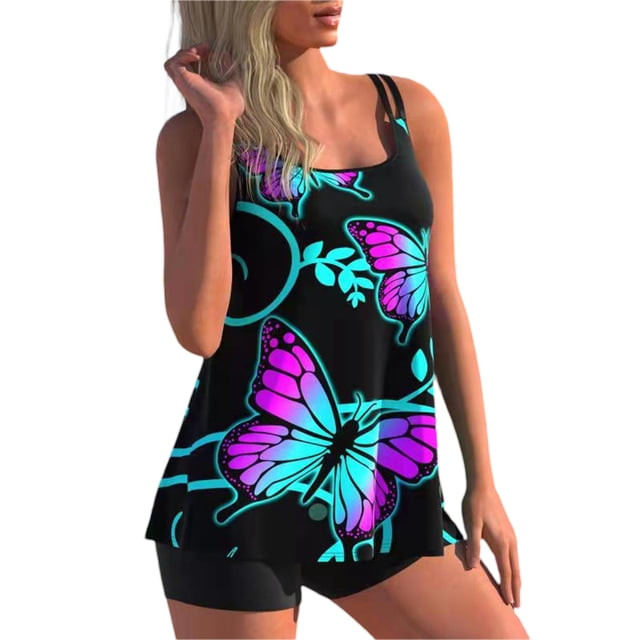 VISgogo Mujeres Swim Shirt + Shorts, Geometry/Rainbow/Butterfly Print Swimming Tops Traje de baño Pantalones cortos Traje VISgogo moda