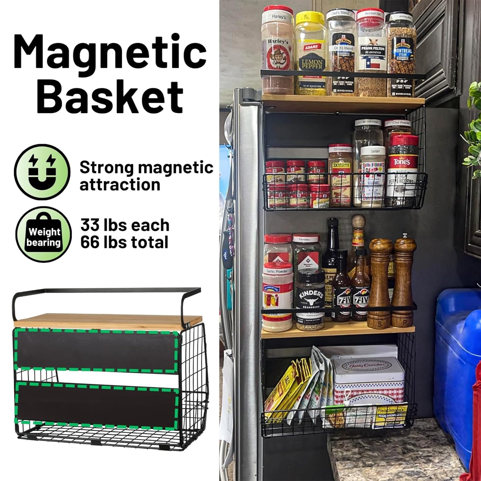 Auckpure Magnetic Shelf for Fridge with Wood Lid - 35 lbs Capacity, Large Storage Bins for Fruits, Vegetables, Spices | Rust-Proof Refrigerator Organizer, Space-Saving Kitchen & Pantry Storage