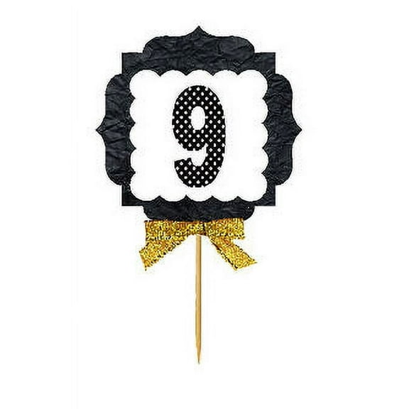 9th Birthday / Anniversary Gold Ribbon Hand Crafted Novelty Cupcake Decoration Toppers / Picks -12ct