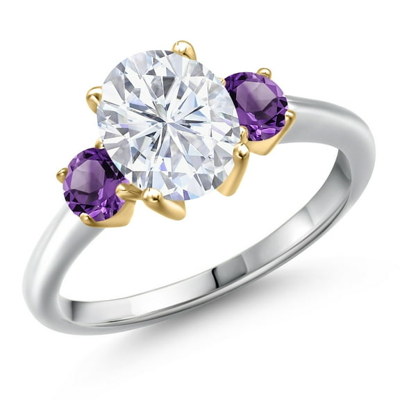 Gem Stone King 10K Two Tone Gold White Moissanite and Purple Amethyst Engagement Ring for Women | 2.60 Cttw | Oval 9X7MM | Gemstone Birthstone | Size 7