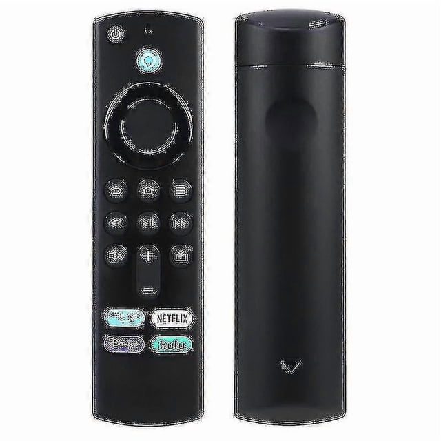 fire tv stick 4k with alexa voice remote (tv controls included) zekai control remoto negro, vista frontal y trasera, rueda direccional circular, botones de reproducción y volumen, botones de acceso rápido visibles (Netflix, Disney+), botón de encendido y acabado mate; control para Fire TV y dispositivos compatibles con Alexa. Suitable for using as a compact replacement remote for smart TVs and streaming devices.