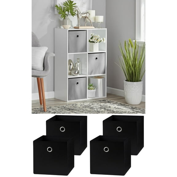 Mainstays 6 Cube Storage Organizer, White with Mainstays Collapsible Fabric Cube Storage Bins (10.5" x 10.5"), Rich Black, 4 Pack