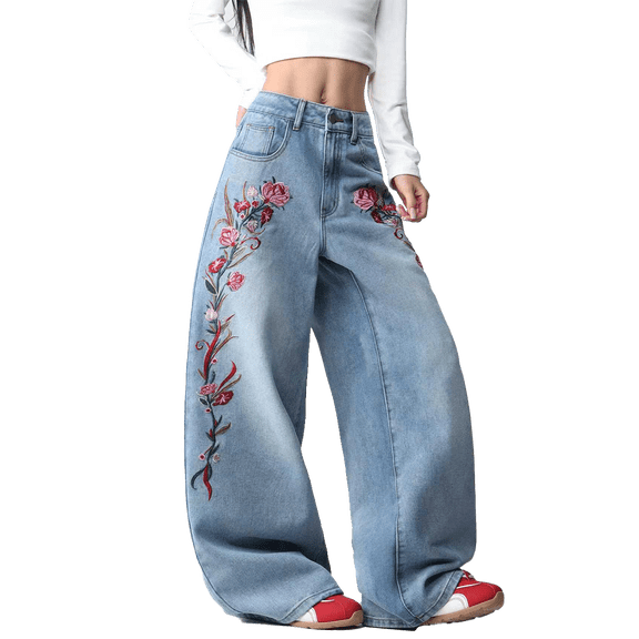 Mrmall Women's Side Rose Floral Embroidered Wide‑Leg Denim Pants Loose Floor‑Length Baggy Jeans