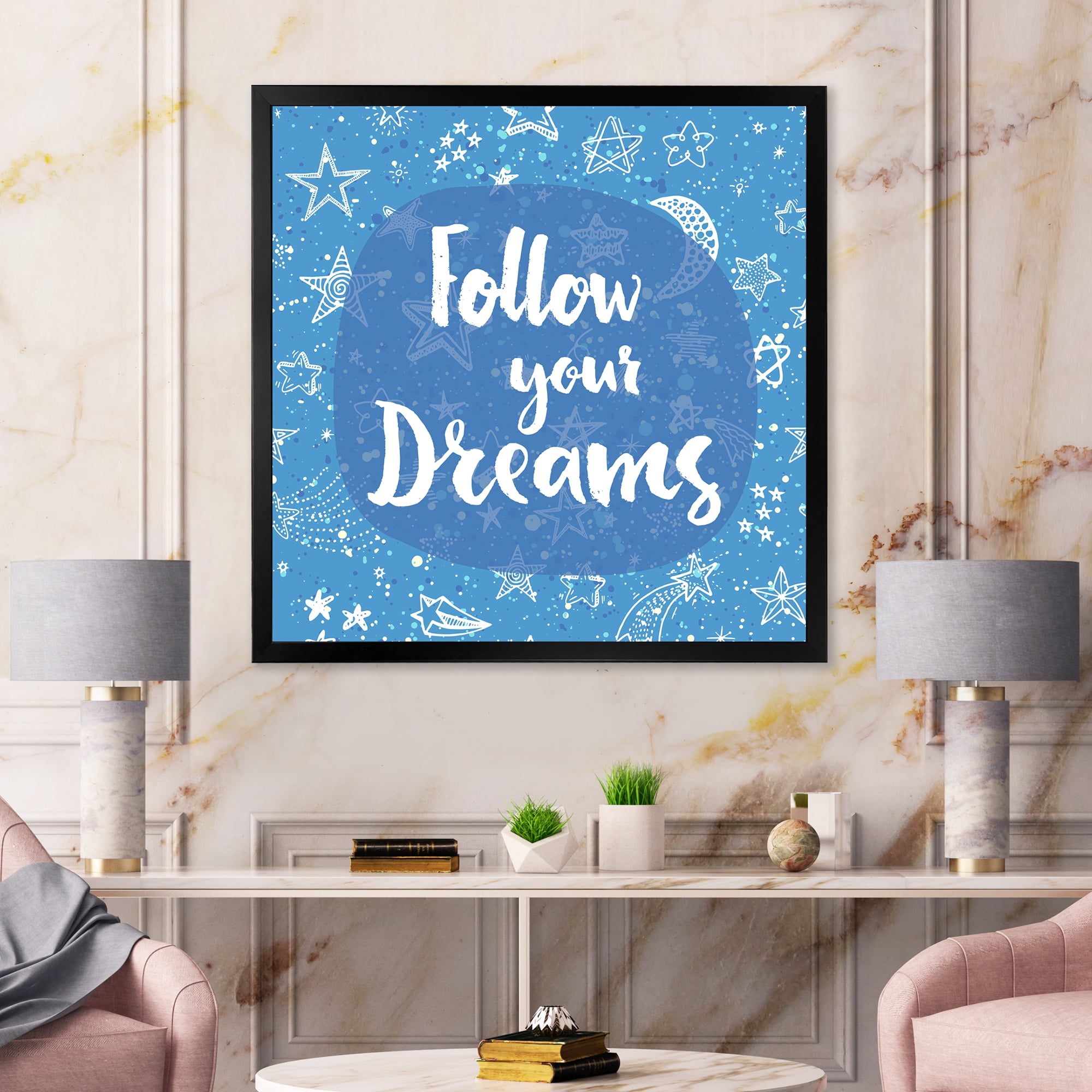 Designart 'Follow Your Dreams On Blue II' Modern Framed Art Print