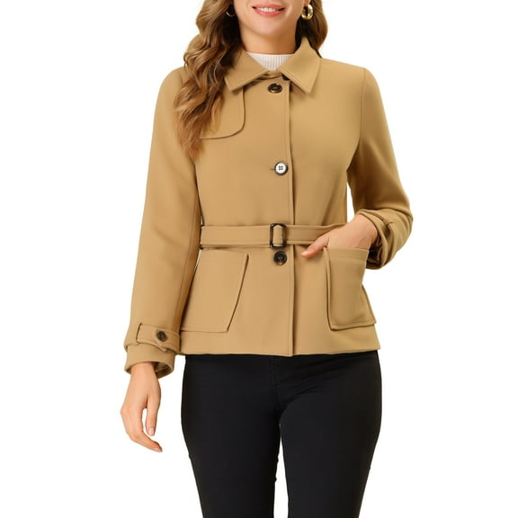 INSPIRE CHIC Women's Turn-Down Collar Single Breasted Belted Winter Pea Coat Khaki XS