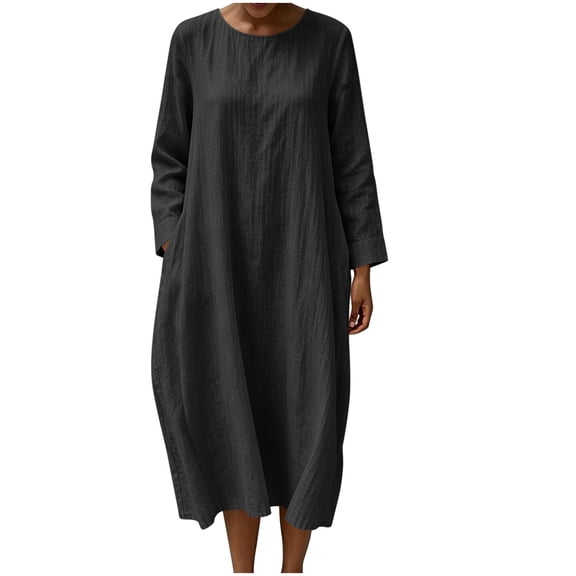 fheaev Cotton Linen Dress for Women Crew Neck Long Sleeve Side Pockets Solid Color Casual Summer Midi Dress Black,L