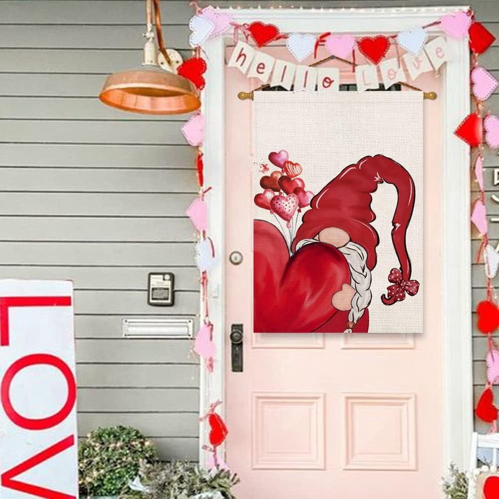 Valentines Day Gnome House Flag Double Sided 28x40 Inch Red Heart Love Balloon Valentine‘s Day Wedding Anniversary Holiday Farmhouse Outdoor Decoration Garden Yard Flags Lawn
