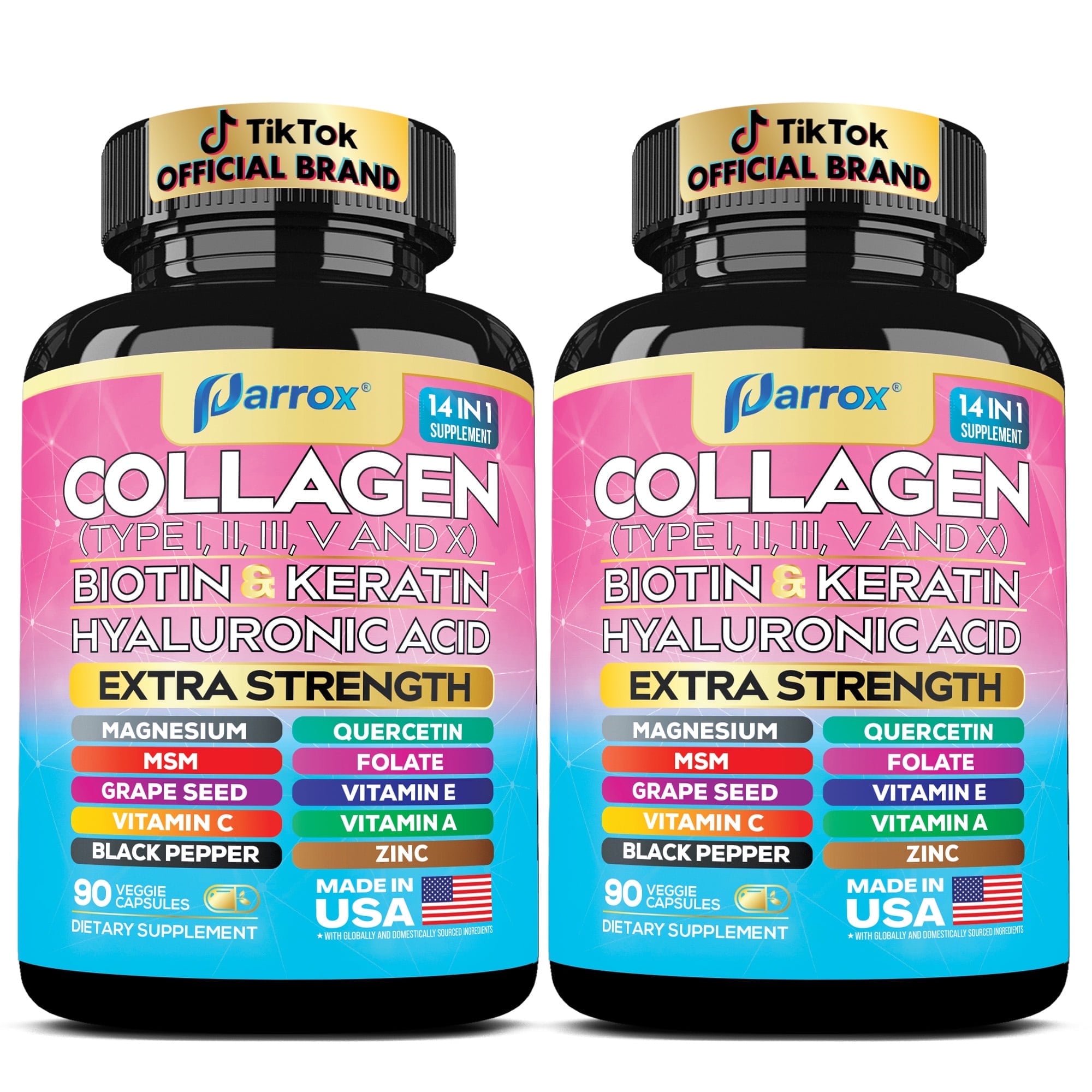 Parrox Collagen Peptides Types I, II, III, V & X, MCG Biotin, Keratin, Hyaluronic Acid, MSM, Zinc, Grape Seed Extract, Quercetin, Vitamin A, C & E, Folate, Black Pepper, Magnesium, Folic Acid(2 Pack)