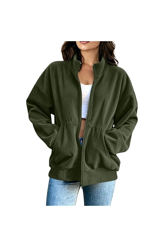 Casual Corduroy Jackets for Women Stand Collar Zipper Coat Long Sleeve Loose Trendy walking Jacket with Pockets