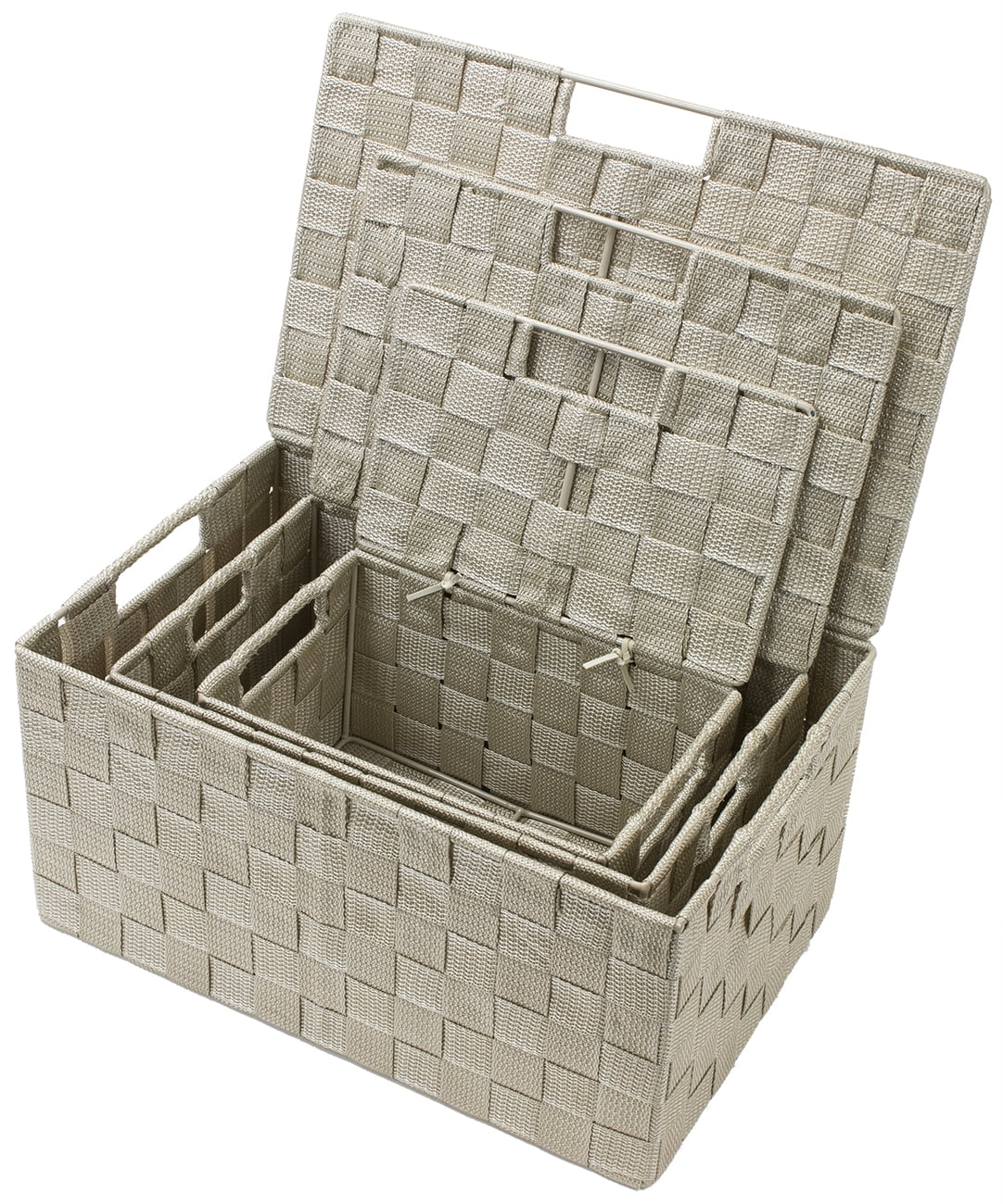 Storage Box Woven Basket Bin Container Tote Cube Organizer Set Stackable Shelf Organizer Built-in Carry Handles (3-Piece) beige