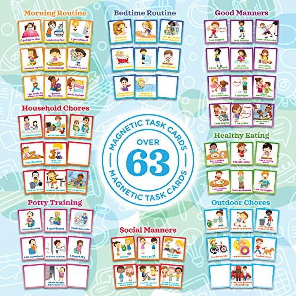 Learn & Climb Kids Behavior Reward Chart Magnetic Board with 63 Chores for Potty Training & Responsibility Tasks for Multiple Kids