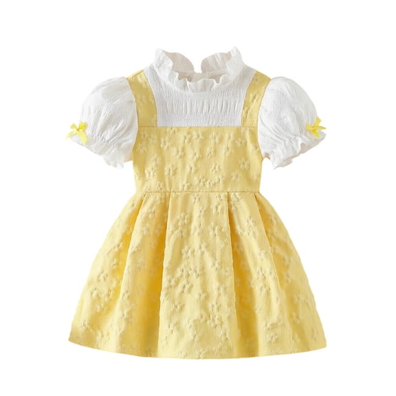 Gunia Baby Girls Dress Short Sleeve Elegant Lace Bow School Style Dress Party Gown Yellow Dress For Girls 0-3 Years
