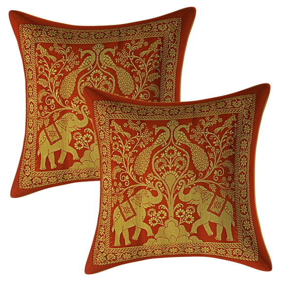 Stylo Culture Ethnic Boho Sofa Brocade Red And Gold Decorative Throw Pillow Covers 12x12 Jacquard Weave Banarsi Accent Pillow Covers Elephant Peacock 30x30 cm Cushion Covers (Set Of 2)