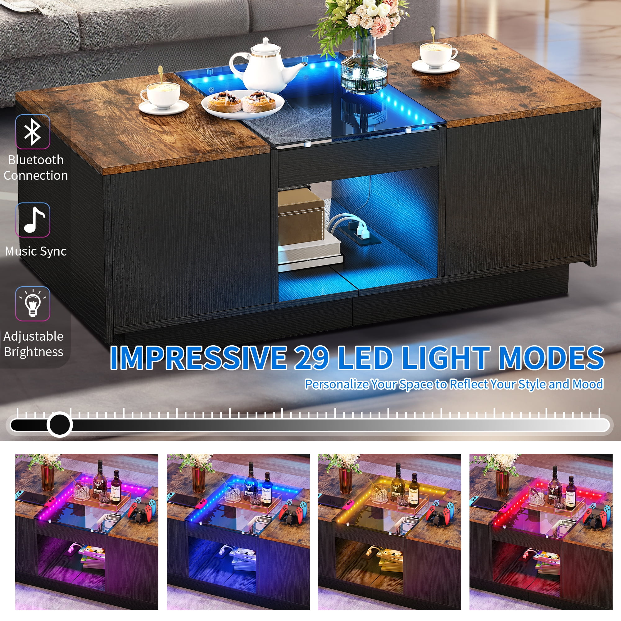 Dextrus Modern LED Coffee Table, Brown Coffee Table with Storage, Large Living Room Center Tables, 2 Tiers and 2 Drawers