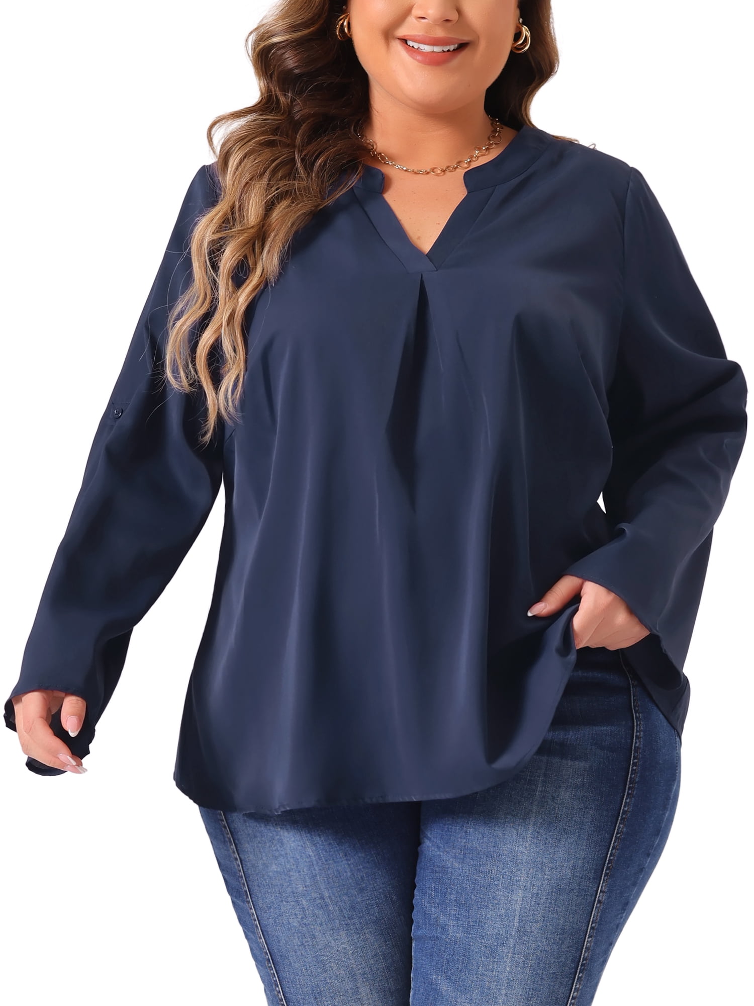 DARING DIVA Women's Plus V Neck Long Sleeve Rolled Up Sleeve Blouse 4X Navy Blue