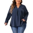 thumbnail image 2 of DARING DIVA Women's Plus V Neck Long Sleeve Rolled Up Sleeve Blouse 2X Navy Blue, 2 of 6