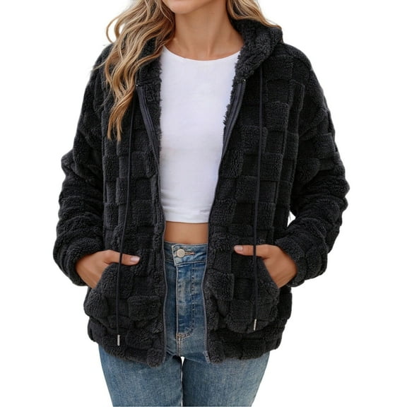 Fleece Sherpa Jacket For Women Casual Zip Up Hooded Long Fuzzy Coat Warm Winter Outwear With Pockets Black S
