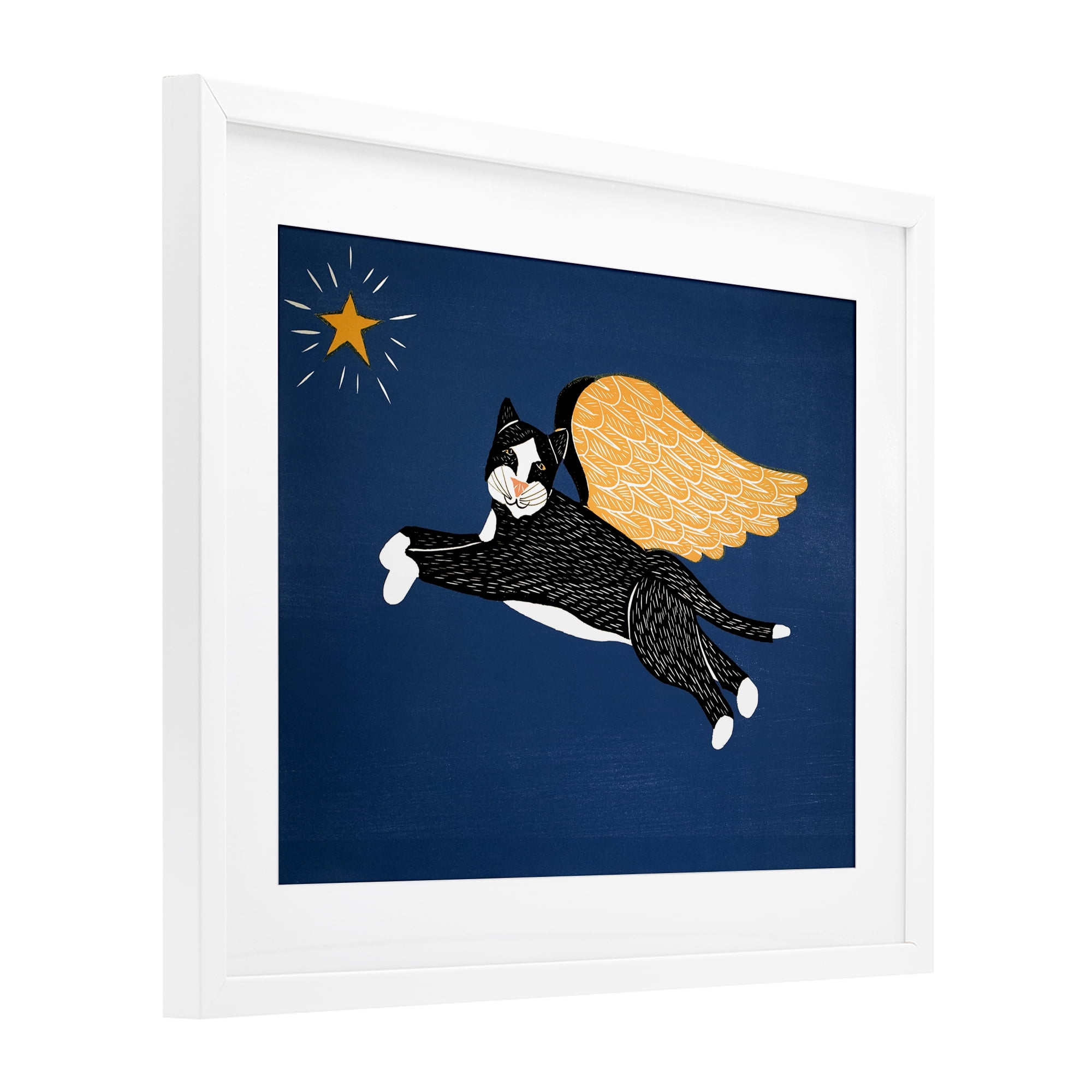 Angel Cat with Star White Framed Print Under Glass, design by Stephen Huneck