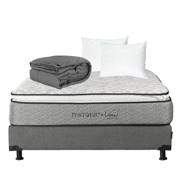 Colchón Matrimonial Restonic Vail + Box + 2 Almohada Osos + Edredón Homy