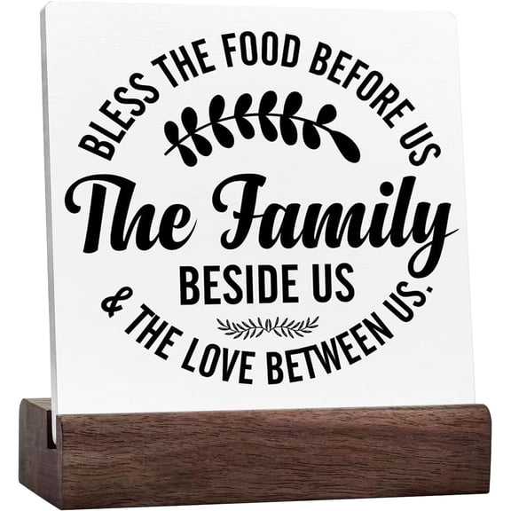 Inspirational Quote Desk Wooden Sign Decor Bless the Food Before Us the Family Square Wood Sign Desk Decoration Prayer Ceramic Desk Sign for Shelf Home