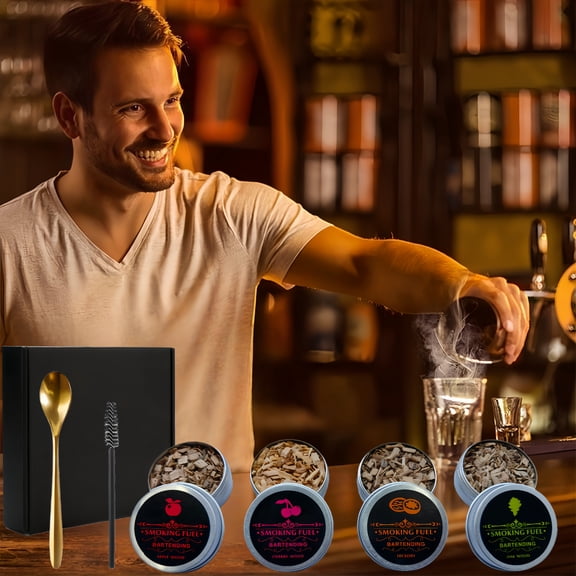 Whiskey Smoker Kit with Torch - Cocktail Smoker Kit with 4 Flavors Smoked Wood Chips - Old Fashioned Drink Smoker Kit for Bourbon, Whisky Smoking Gifts Box Smoke Set for Men