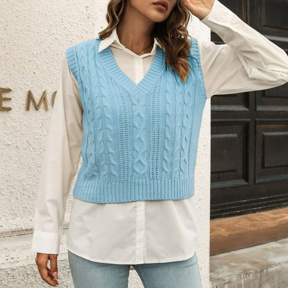 Aayomet Women Sweater Vest Sweater Vest Preppy Style Sleeveless Crop Knit Vest (Light Blue, L)