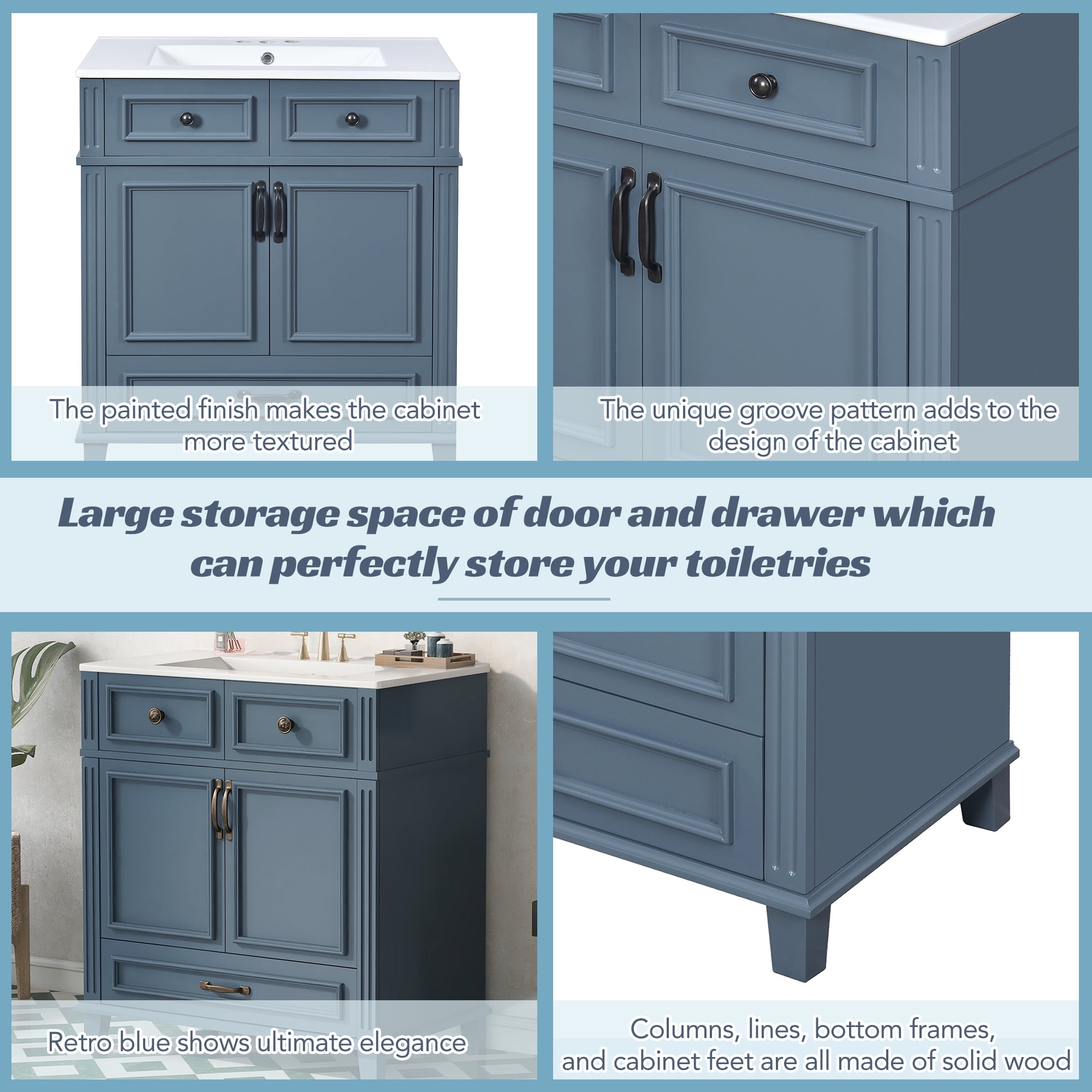30 Inch Retro Bathroom Vanity with Ceramic Sink Solid Wood Storage Cabinet Soft Closing Doors Blue