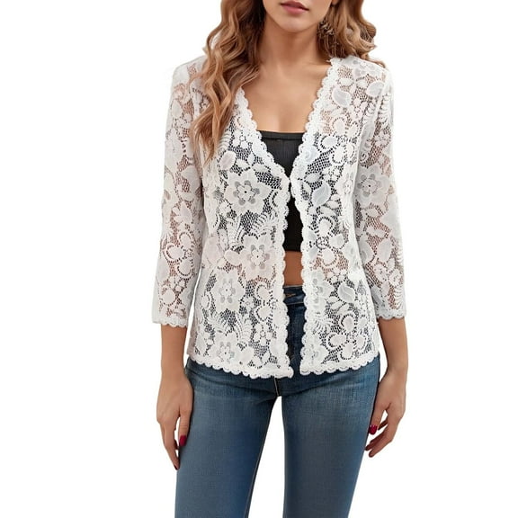Arlun Womens Cardigan 3/4 Length Sleeve Lightweight Lace Open Front Cardigans Fall Soft Comfortable Deep V-Neck Thin Tops Casual Loose Fit Solid Color Fashion Outifits White XL