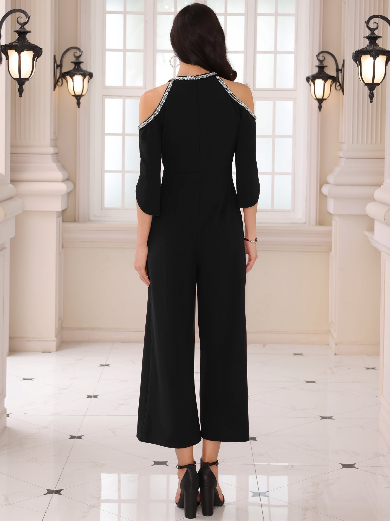 DARING DIVA Women's Dressy Jumpsuit Split Sleeve Wide Legs Cocktai XL Black