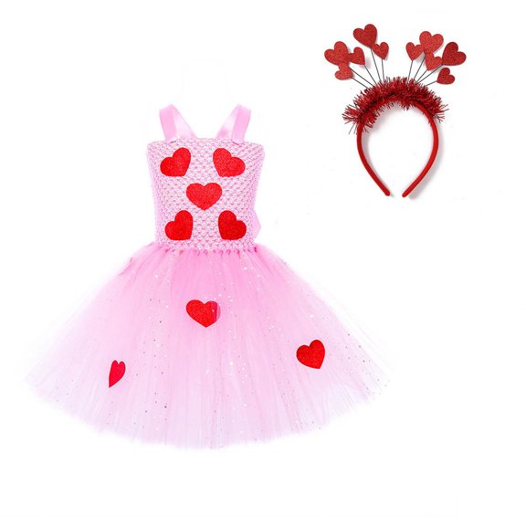Byoo Valentine Day Little Girls Dress Heart Graphic Lace Cake Sleeveless Formal Gowns Dress Birthday Wedding Clothes for Child