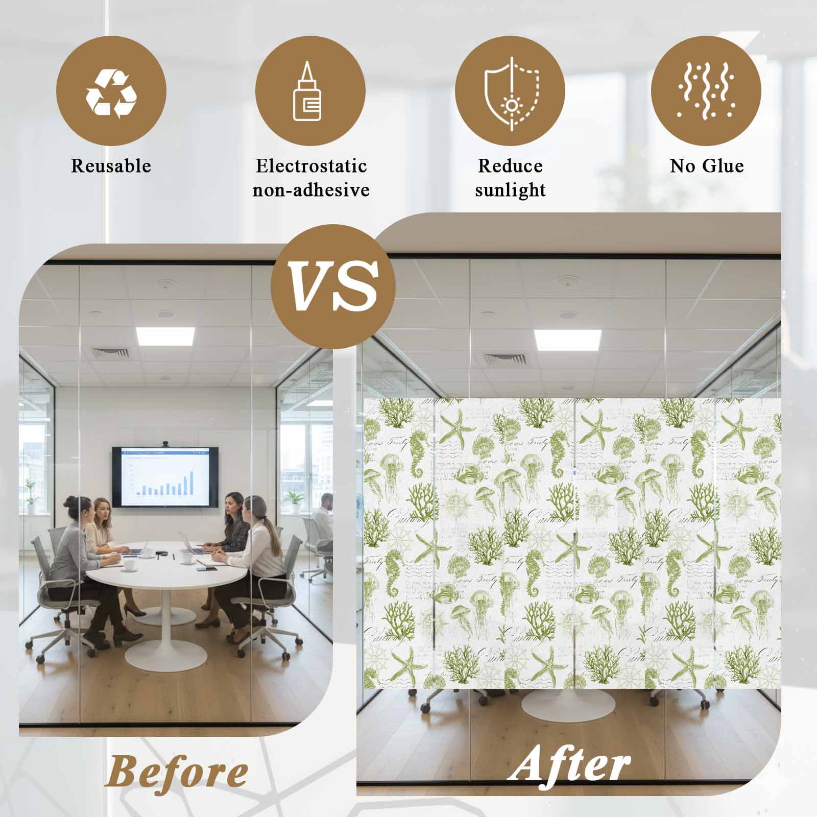 Seahorse Coral Shell Window Privacy Film, Starfish Ocean Frosted Glass Window Clings Static Cling UV Heat Blocking Reusable Door Sticker for Bathroom 23.6 x 59 Inch