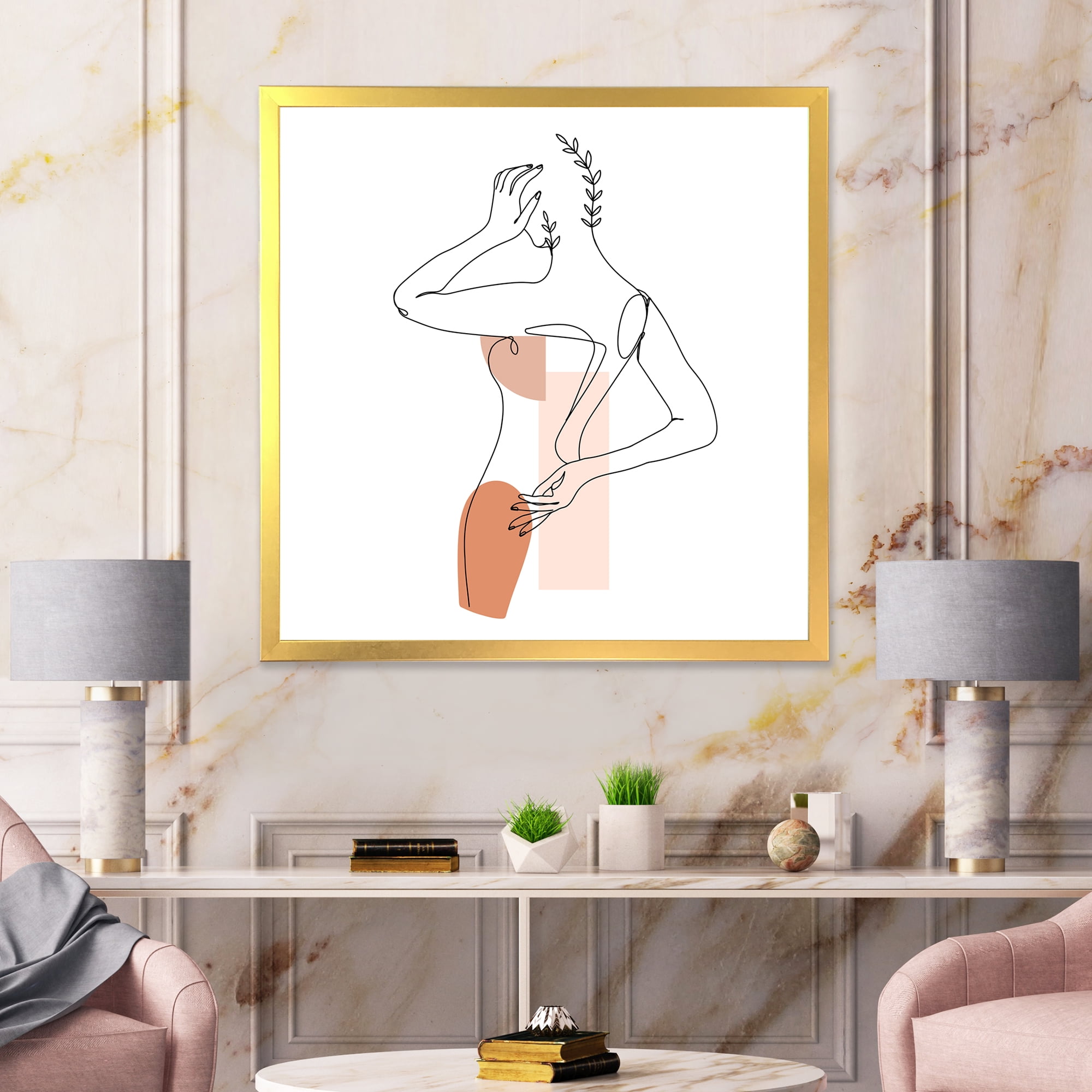 Designart 'One Line Woman Portrait With Shapes and Leaves II' Modern Framed Art Print