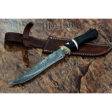 13 Inches Long Hand Carved Bull Horn Round Scale Skinning Knife, Custom Made Hand Forged Damascus Steel Hunting Knife with 7.5
