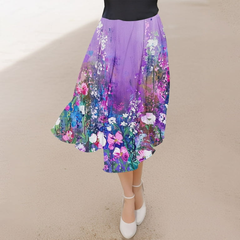 Ousvtion Women's Floral Skirt Pleated A-Line Dress Elastic High Waist  Flared Maxi Skirts Ankle Length Dresses Summer Vacation ...